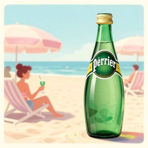 Digital illustration of a green Terrier soda bottle on a sunny beach, with blurred pink umbrellas and beachgoers in the background.