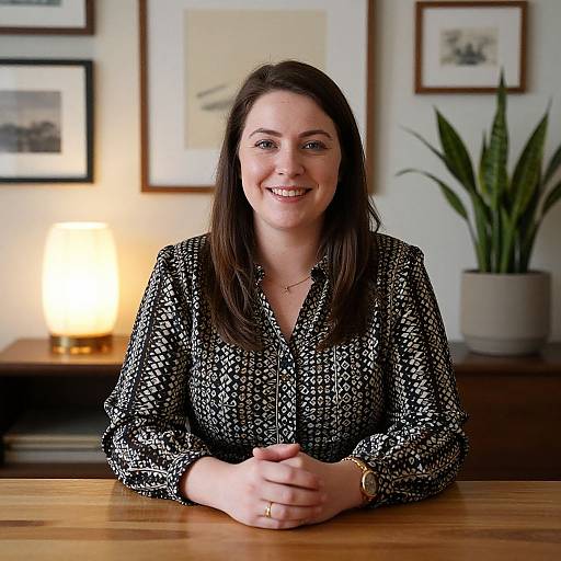 Photograph of a smiling white woman with long brown hair, wearing a black and white patterned blouse, seated at a wooden table in a warmly lit