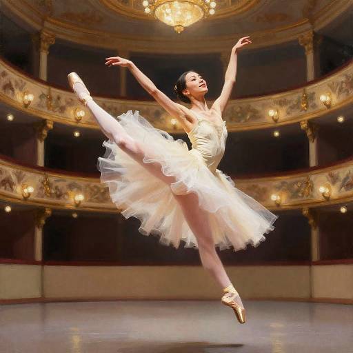 Elegant ballerina in a white tutu performs a grand jeté in a grand, ornately lit ballet theater. Her arms are gracefully extended