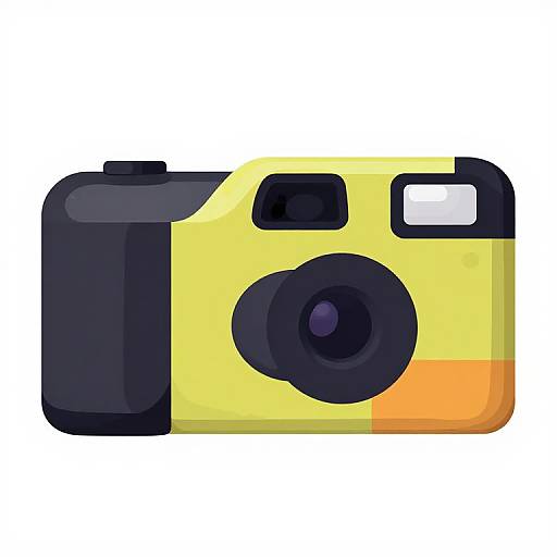 Digital illustration of a retro-style yellow and black camera with an orange corner, featuring a large black lens and a small square flash.