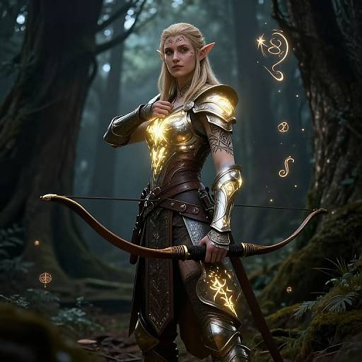 Digital artwork of a blonde, elven archer in glowing, ornate gold armor, standing in a dark, enchanted forest holding a bow.