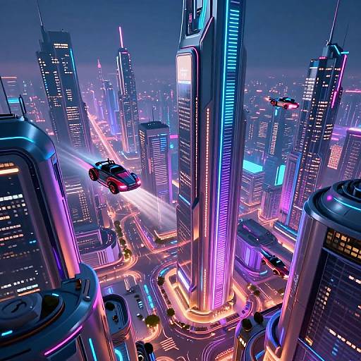 Neon-lit futuristic cityscape with towering skyscrapers, glowing lights, flying car, and bustling streets at night. Vibrant blue, purple