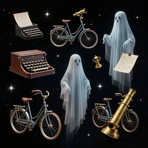 Digital illustration of three ghostly figures with white, translucent bodies and black circular eyes, interacting with vintage typewriter, bicycles, and a telegraph machine