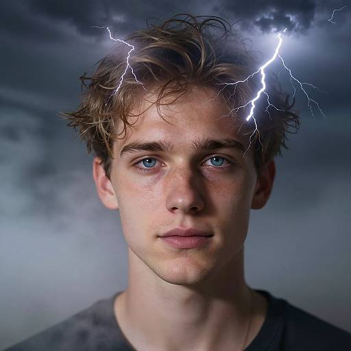 Photograph of a young man with blue eyes and tousled brown hair, lightning bolts striking his head against a stormy sky.