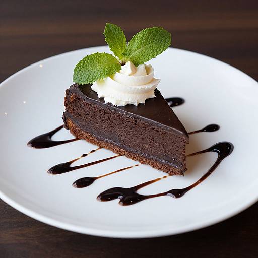 Photograph of a rich, dark chocolate slice cake with a dollop of whipped cream, garnished with fresh mint, on a white plate with chocolate