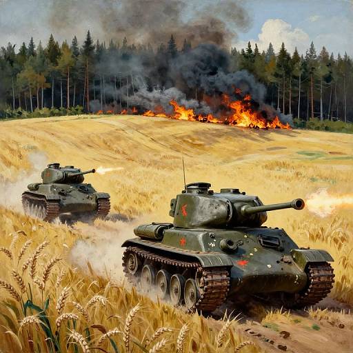 Digital painting of two green camouflaged tanks driving through a golden wheat field toward a forest with a blazing, smoke-filled fire.