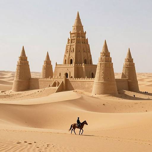 Photograph of a massive, sandcastle-like mosque with multiple spires in a vast, sunlit desert, a lone rider on horseback in the