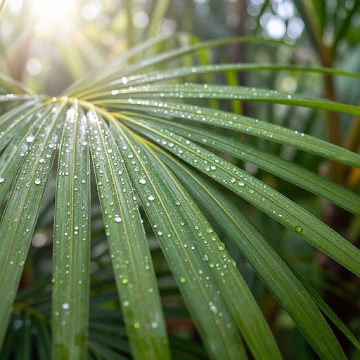 Photograph of a green palm leaf with sunlight filtering through, creating a radiant effect. Dewdrops glisten on the leaf's surface, enhancing its texture