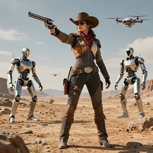 Digital artwork: Female cowboy in brown hat, leather outfit, aiming gun at two robotic soldiers, desert background, drone flying above.