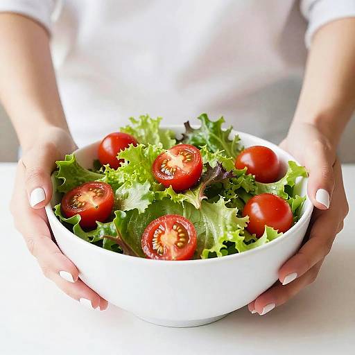 Photograph of hands holding a white bowl filled with fresh green leaf lettuce and vibrant red cherry tomatoes. Bright, natural light highlights the colorful ingredients.