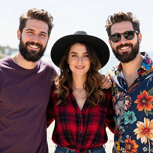 Photograph of three smiling bearded friends: a woman in a black hat and red plaid shirt, and two men in casual shirts and sunglasses,