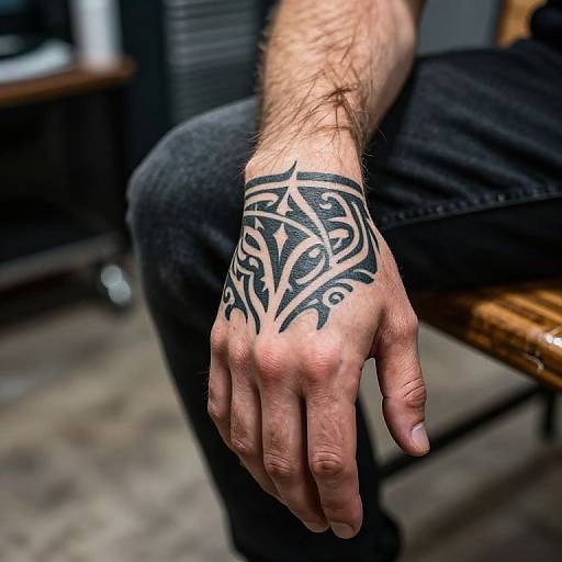 Detailed Black and Grey Tribal Hand Tattoo