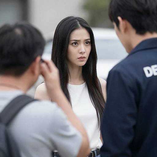 Photograph of a young Asian woman with long black hair, wearing a white sleeveless top, looking serious, flanked by two men in casual attire