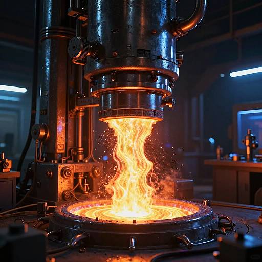 Photograph of a bright, orange, molten metal pouring from a large industrial machine, surrounded by dark, metallic pipes in a dimly lit factory