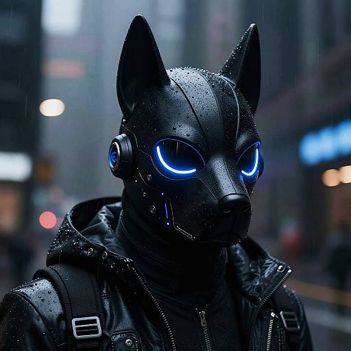 Cyberpunk-style photograph of a person wearing a black, glowing blue-eyed gas mask and wet leather jacket, standing in a rainy, blurred urban street