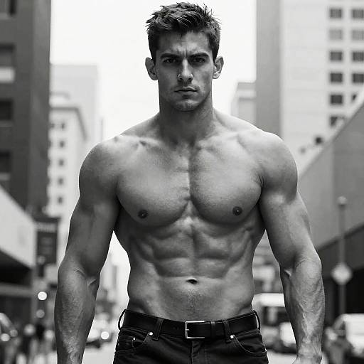 Black-and-white photograph of a muscular, shirtless man with short, spiked hair standing in an urban street, staring intensely at the camera. Urban buildings
