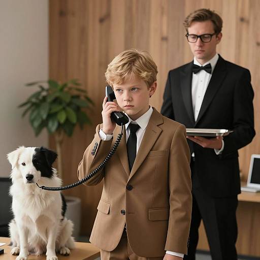 Young Boy on Phone in Office with Dog and Butler