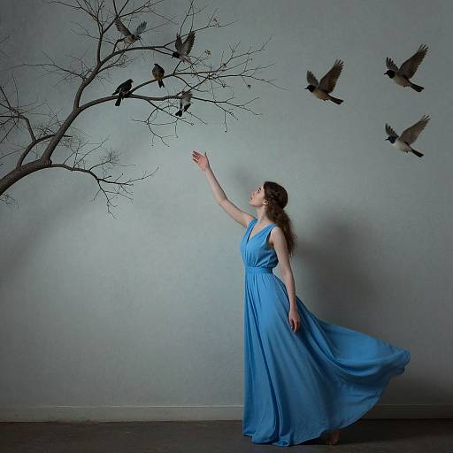 Photograph of a woman in a flowing blue dress, extending her arm to feed five birds perched on a bare tree against a gray wall.