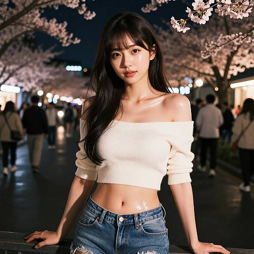 Young Woman at Night near Cherry Blossoms