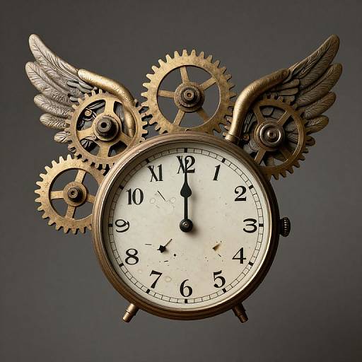 Steampunk clock with brass gears, wings, and a white face, floating against a dark gray background. Detailed, vintage industrial design.