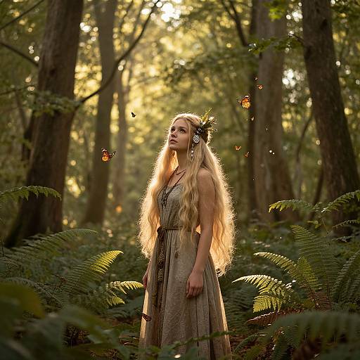 Photograph of a blonde, fair-skinned woman with long, wavy hair, wearing a flowing, earth-toned dress, standing in a sun