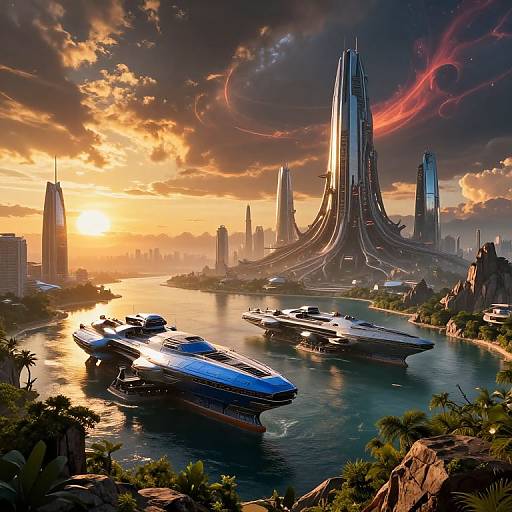 Digital art of a futuristic city at sunset, featuring towering alien-like skyscrapers, sleek blue watercraft docked by a reflective river, and vibrant