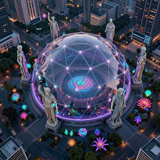 Aerial photograph of a glowing, dome-shaped structure surrounded by illuminated statues, colorful light orbs, and city skyscrapers at night.