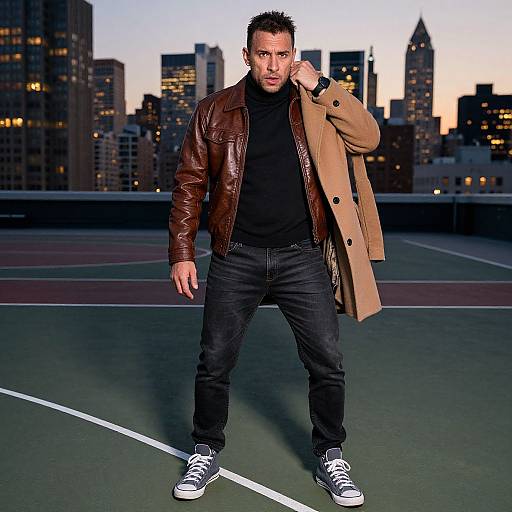 Photograph of a muscular man with short dark hair, wearing a brown leather jacket, black turtleneck, jeans, and white sneakers, standing on