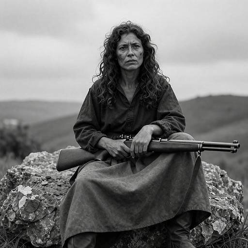 Rugged Woman in Black-and-White Landscape