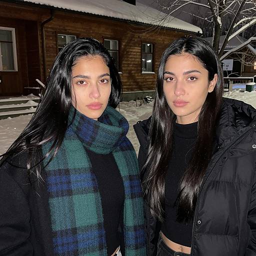 Two Women in Winter Night Outdoors