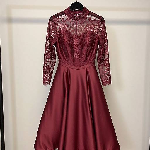 Photograph of a deep burgundy lace long-sleeve dress with a high neckline and a flowing satin skirt, displayed against a soft white background.