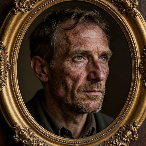 Photograph of a rugged, middle-aged man with rough skin, sparse gray hair, and blue eyes, framed in an ornate gold oval frame.