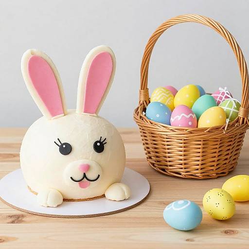 Photograph of a white bunny-shaped cake with pink ears, black eyes, and pink nose, beside a wicker basket of colorful Easter eggs on a