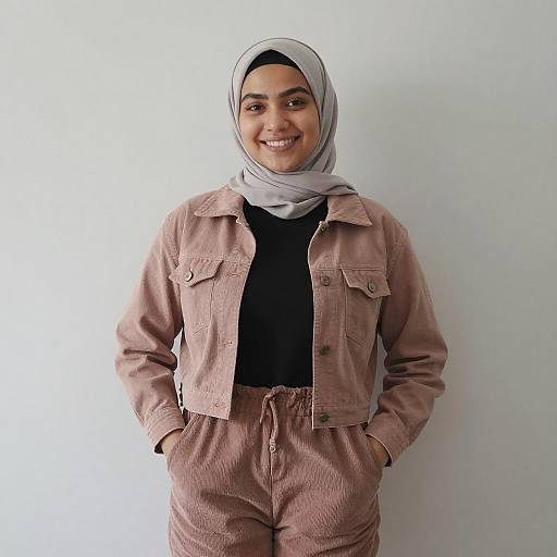 Photograph of a smiling young woman with light brown skin, wearing a light gray hijab, pink corduroy jacket, and matching pants, standing