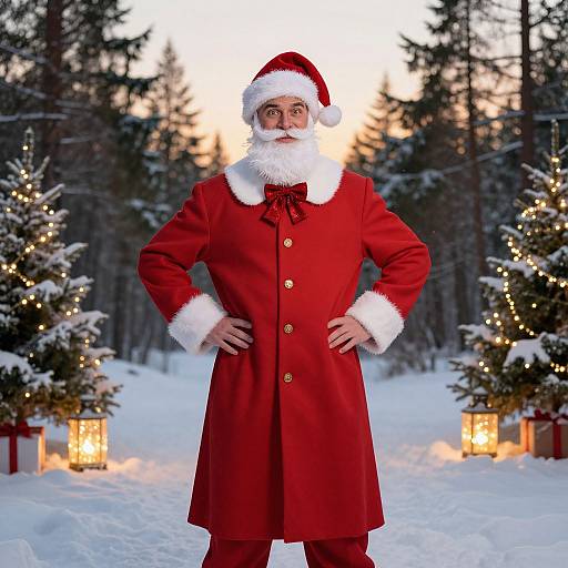 Photograph of a bearded Santa Claus in a red coat with white trim, standing in a snowy forest, flanked by lit Christmas trees.