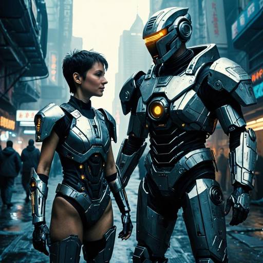 Cybernetic Woman and Robot in Cyberpunk City