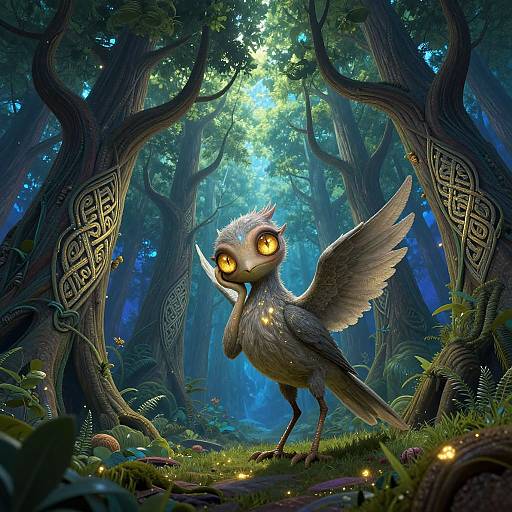 Digital fantasy art of a cute, anthropomorphic bird with glowing yellow eyes, standing in a magical, glowing forest with intricate tree carvings and twink