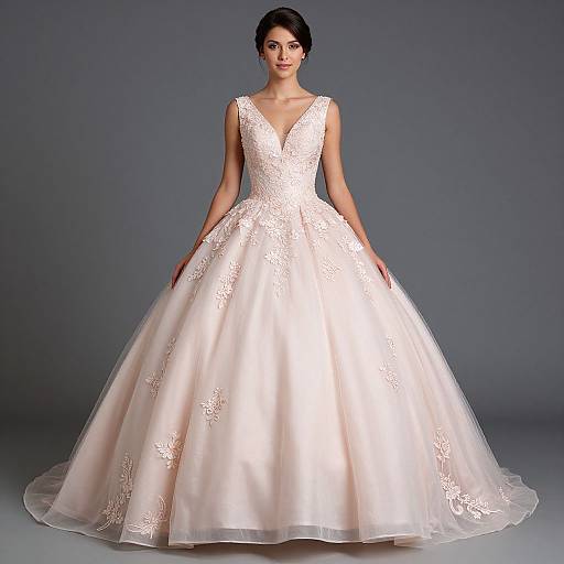 Photograph of a woman in a white, lace-embellished, V-neck ballgown with a full skirt, standing against a gray background