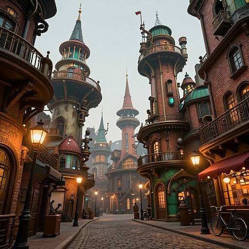 Photograph of a whimsical, steampunk-style castle street at dusk, with ornate, colorful towers, glowing lanterns, cobblestone
