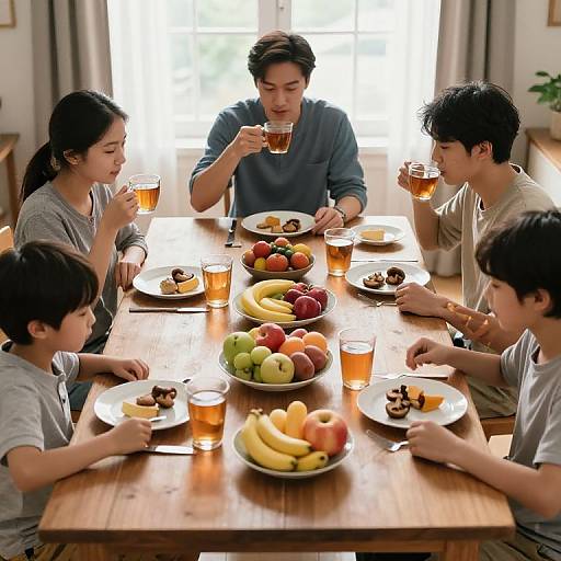 Photograph of a Korean family of five seated around a wooden dining table, enjoying breakfast with fruit, pastries, and iced tea. Sunlight