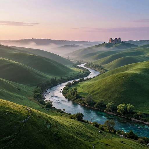 Photograph of a serene landscape at sunrise: rolling green hills, winding river, mist, and a distant castle on the horizon.