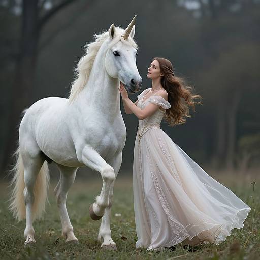 Photograph of a fair-skinned woman with long brown hair in a flowing white lace dress, gently touching the mane of a white unicorn in a dark