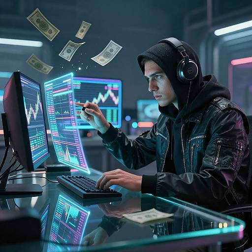 Cyber trader in black hoodie and headphones, surrounded by floating money bills, monitors, and keyboards in a neon-lit, futuristic room.
