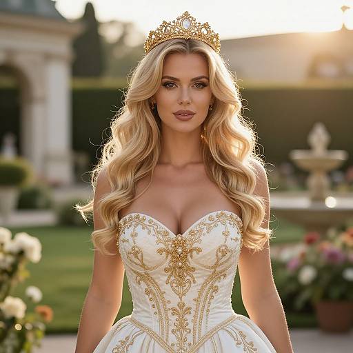 Photograph of a blonde woman with long, wavy hair wearing a golden tiara, white strapless gown with gold embroidery, standing in a sun