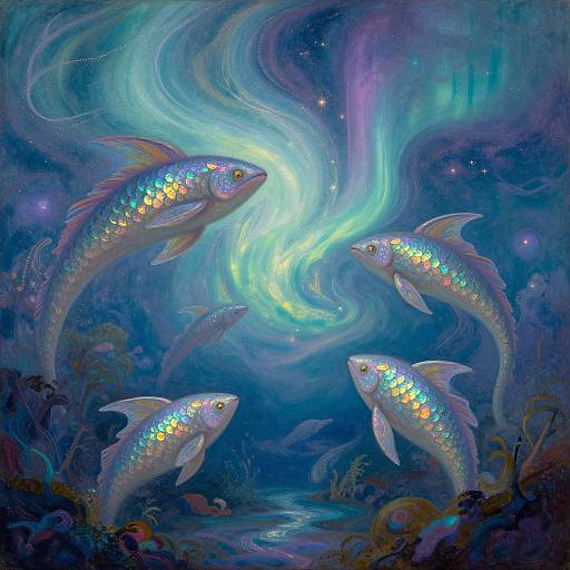 Digital painting of five shimmering, iridescent fish with glowing scales, swimming in a vibrant, ethereal underwater scene with swirling blue and green lights