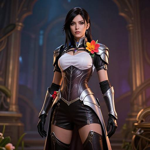 Digital artwork of a strong, dark-haired woman in shiny black and silver armor with a white chest plate, and red and orange flower on her shoulder,