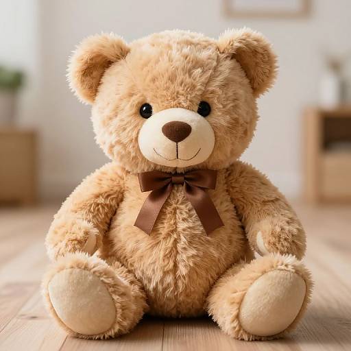 Photograph of a plush, light brown teddy bear with a brown ribbon, black eyes, and beige paws, sitting on a wooden floor in