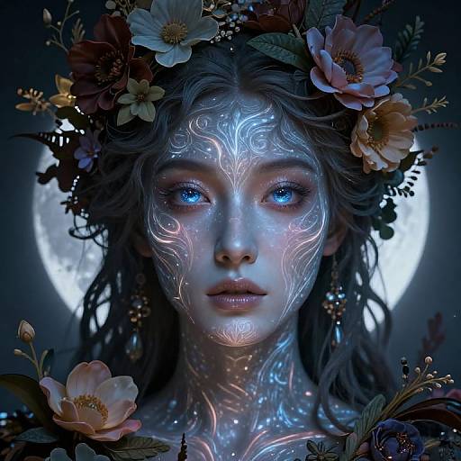 Digital artwork of a glowing, ethereal woman with blue eyes, intricate blue and white facial markings, wearing a floral crown, set against a full moon