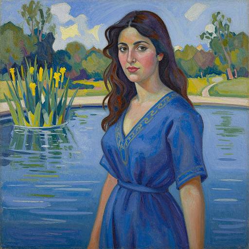 Oil painting of a young woman with long brown hair in a blue dress, standing by a pond with yellow flowers in the background. Bright, colorful,