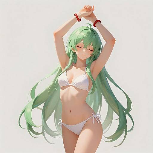 Anime Woman in White Bikini with Green Hair